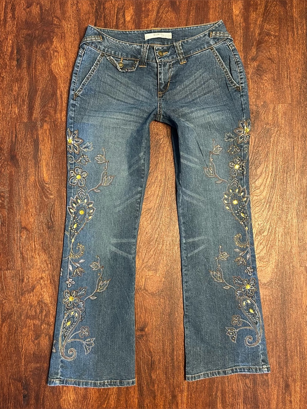Y2K Boho low rise Embroidered Dark Blue boot cut jeans with embroidered Floral